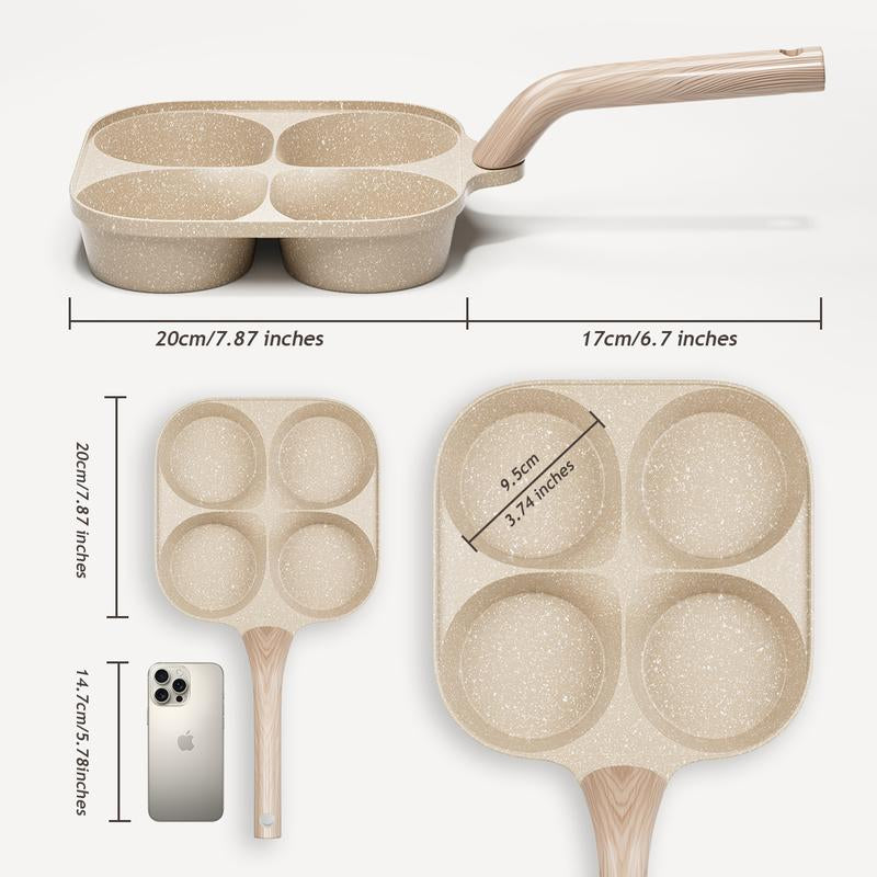 Non-Stick Egg Frying Pan, 4 Hole Skillet with Handle, Cooking Accessories, Breakfast Egg Toast Bread Food, Non Stick Cookingware, Kitchen Gadgets Granite Surface, Easy Clean, Works on Gas Stove & Induction. Versatile Kitchen Cookware for Home Chefs!